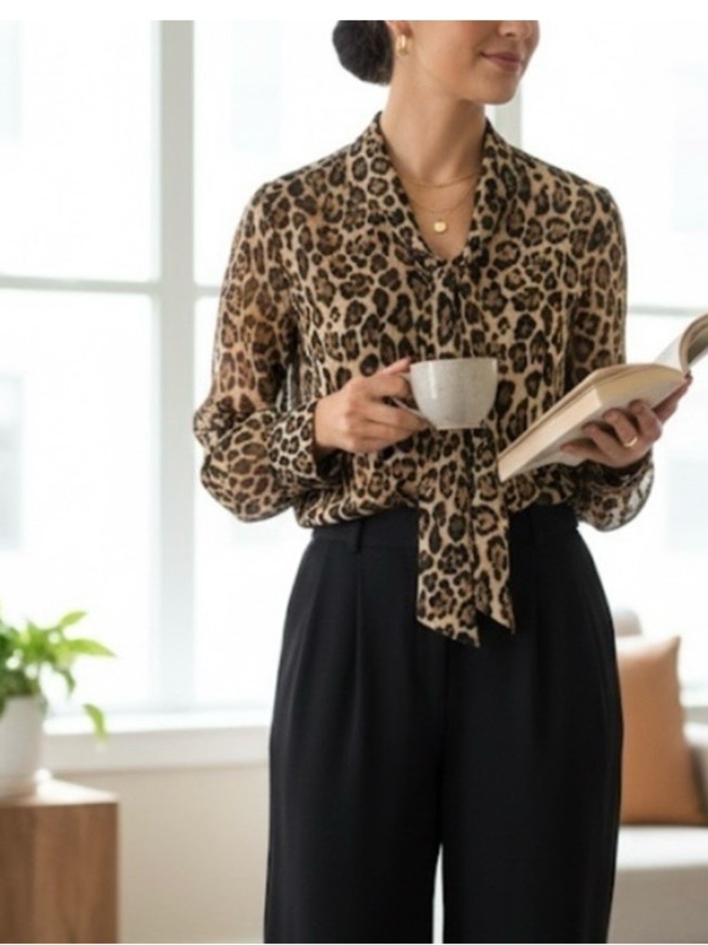 Leopard-Print Tie-Neck Blouse in Brown and Black